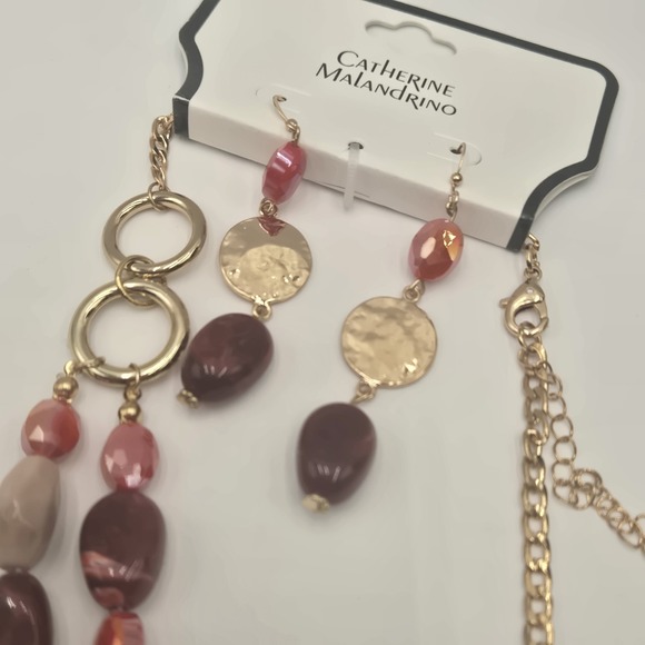 Catherine Malandrino Adj Necklace Earrings Set Layered Pink Iridescent Gold Tone - Picture 6 of 9